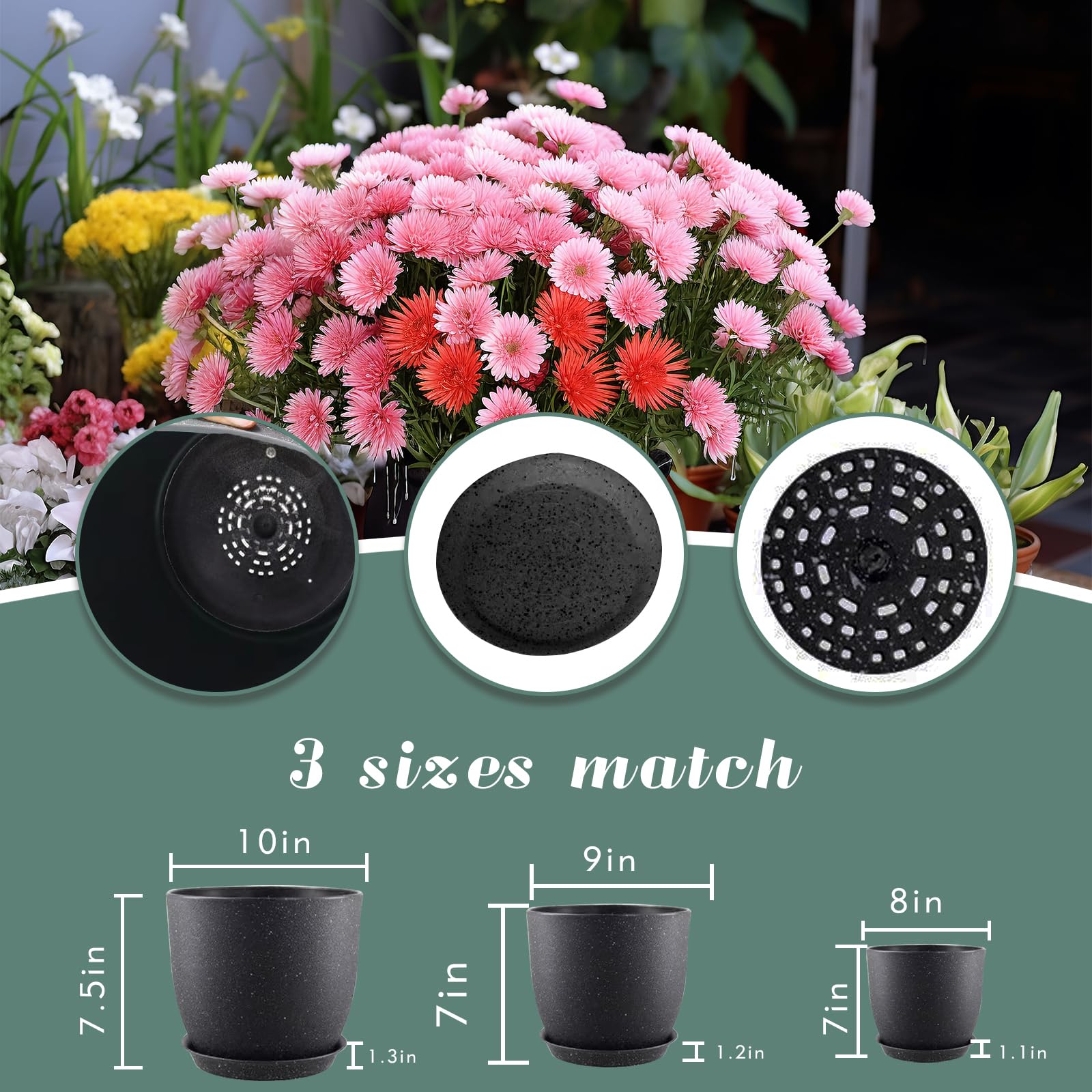 フラワー・ガーデニング BOTANIZE Plastic Pot Bowl SP 3set 10/9/8 inch Plant Pots, 3 Pack Plastic Flower Pots Modern Flower